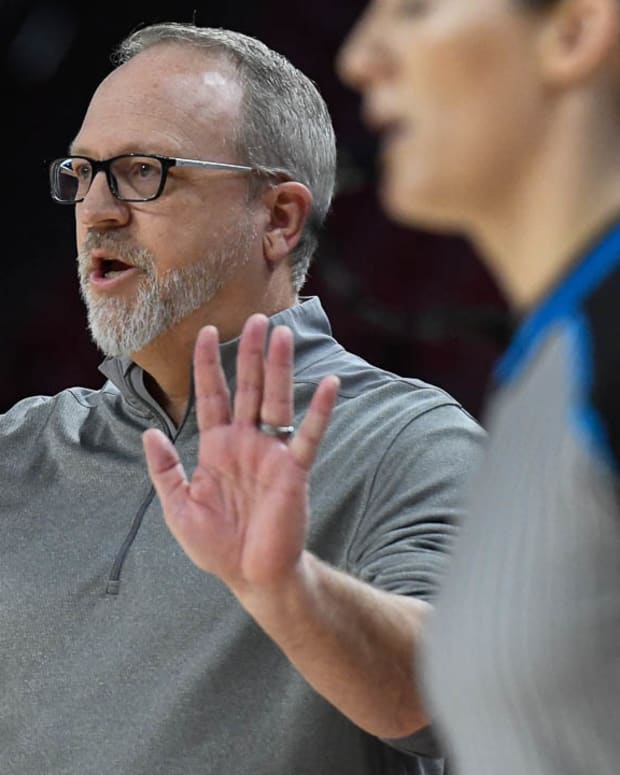 Arkansas Razorbacks coach Mike Neighbors against Louisiana Tech in WNIT on Thursday night.